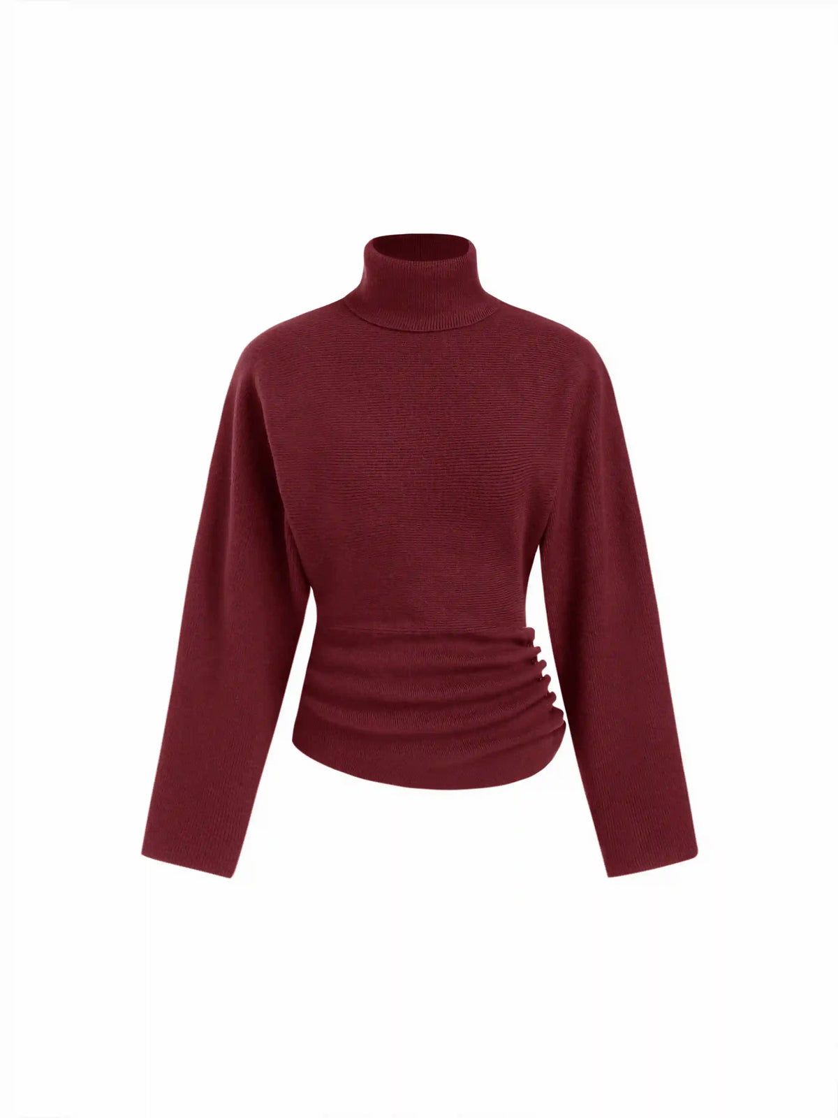 Knit Turtleneck Long Sleeve Button Side Ruched Cinched Waist Top
