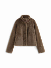 Faux Fur Stand Collar Belted Long Sleeve Oversized Jacket