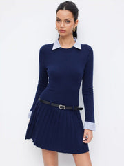 Knit Fabric Collar Belted Pleated Dress