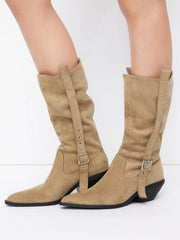 FAUX SUEDE BUCKLE POINTED TOE BOOTS