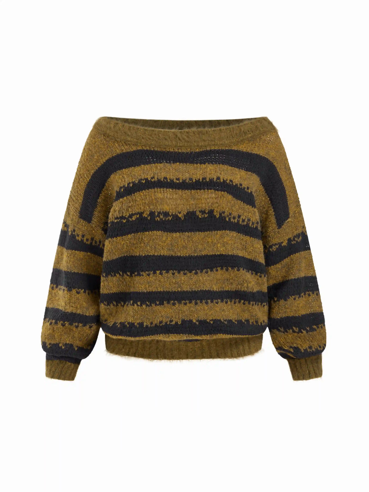 Knit Wool-blend Striped Boat Neck Long Sleeve Sweater Curve & Plus