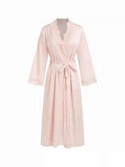 Two-piece Satin V-neck Maxi Nightdress & Lace Lettuce Trim Robe With Belt