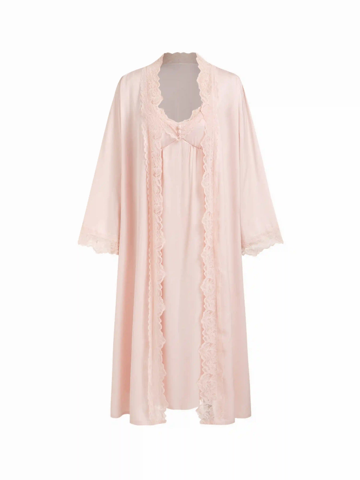 Two-piece Satin V-neck Maxi Nightdress & Lace Lettuce Trim Robe With Belt