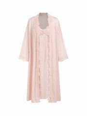 Two-piece Satin V-neck Maxi Nightdress & Lace Lettuce Trim Robe With Belt