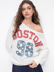 98 Boston Star Graphic Asymmetrical Neck Oversized Sweatshirt