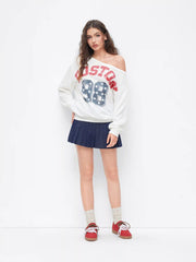 98 Boston Star Graphic Asymmetrical Neck Oversized Sweatshirt