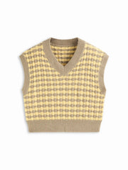 Knit V-neck Plaid Two Tone Vest