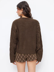 Cable Knit Round Neck Long Bell Sleeve Oversized Sweater