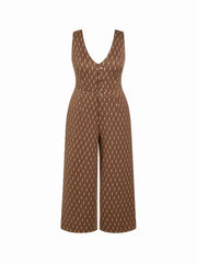 Jacquard V-neck Geometric Wide Leg Overalls Curve & Plus
