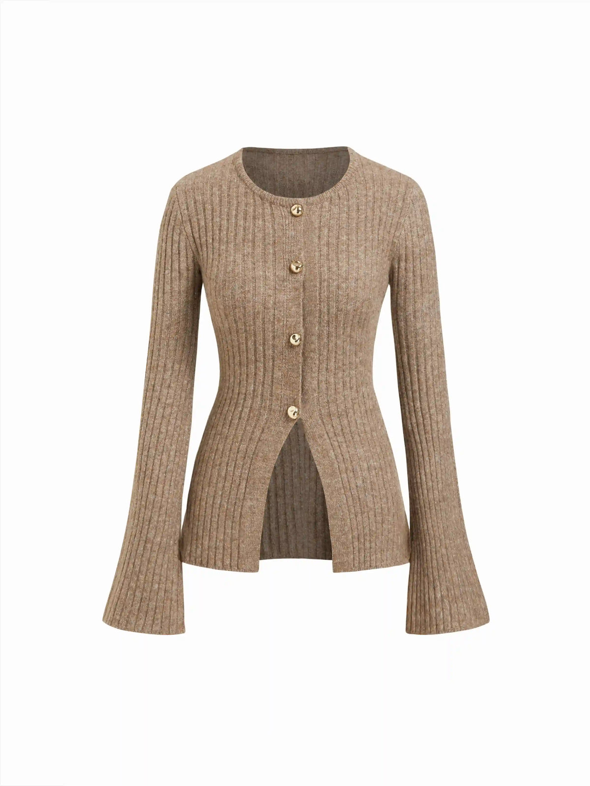 Knit Wool-blend Round Neckline Bell Sleeve Split Front Metal Button Cardigan
