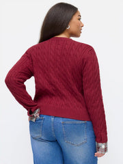 Cable Knit Round Neckline Patched Tartan Button Cardigan Curve & Plus
