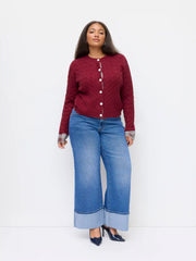 Cable Knit Round Neckline Patched Tartan Button Cardigan Curve & Plus