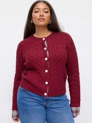 Cable Knit Round Neckline Patched Tartan Button Cardigan Curve & Plus