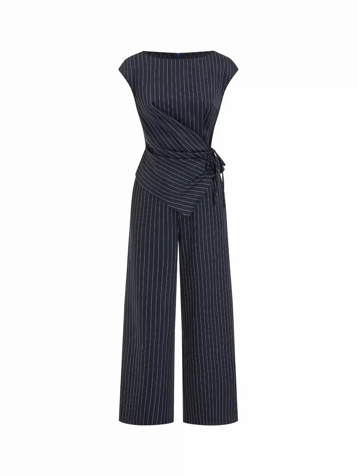 Collarless Striped Asymmetrical Hem Knotted Jumpsuit
