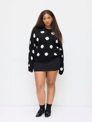 Knit Polka Dot Polo Neck Long Sleeve Oversized Sweater Curve & Plus