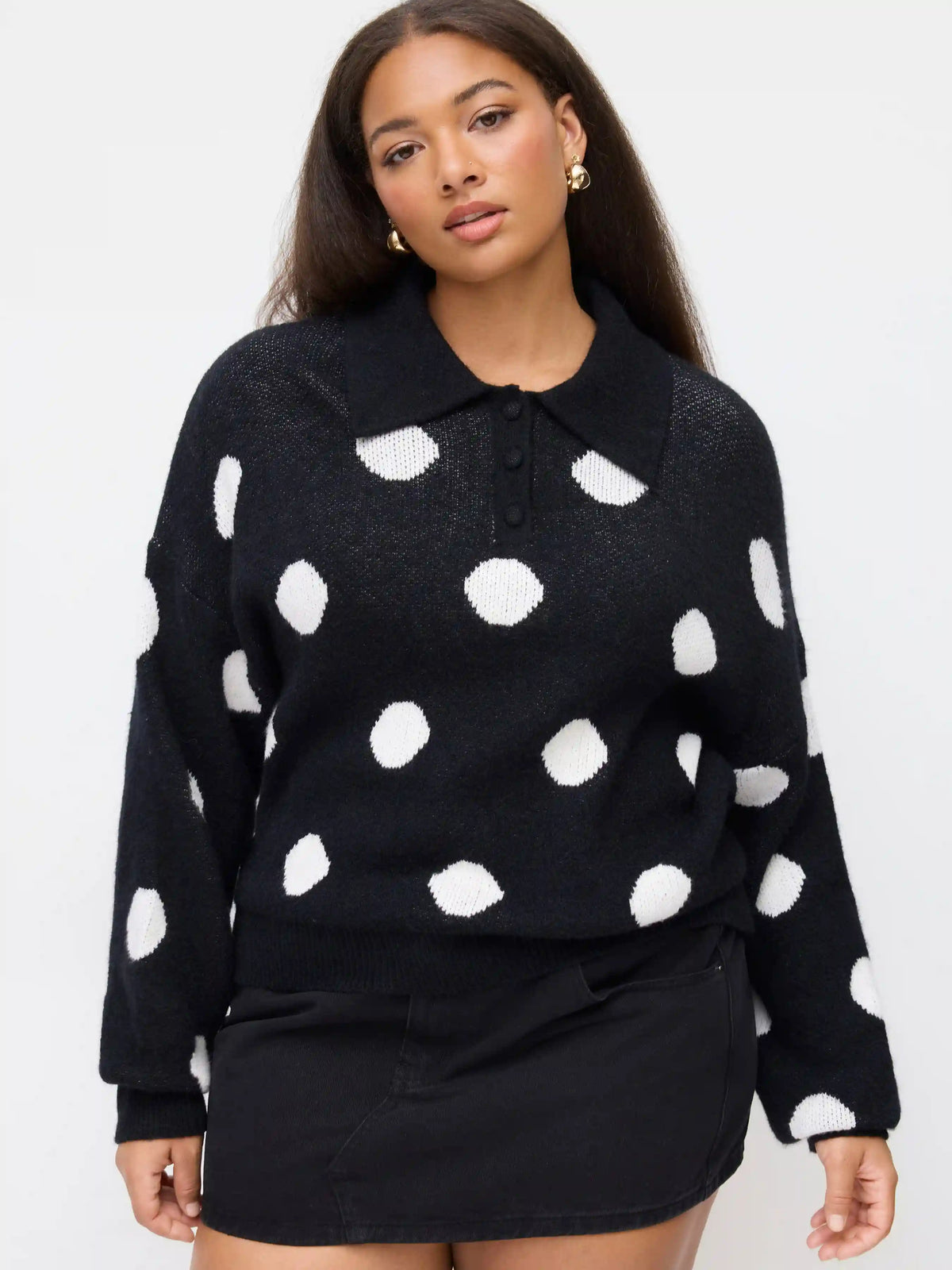Knit Polka Dot Polo Neck Long Sleeve Oversized Sweater Curve & Plus