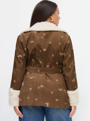 Corduroy Floral Jacket With Faux Fur Trim Curve & Plus