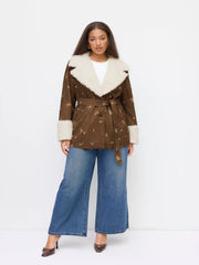 Corduroy Floral Jacket With Faux Fur Trim Curve & Plus