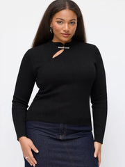 Knit Mandarin Collar Metal Detail Cut Out Top Curve & Plus
