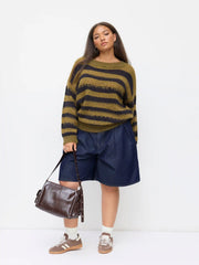 Knit Wool-blend Striped Boat Neck Long Sleeve Sweater Curve & Plus