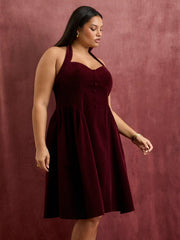 Velvet Halter Neckline Ruffle Knotted Midi Dress Curve & Plus