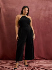 Asymmetrical Neck Glitter Rhinestone Straps Jumpsuit Curve & Plus