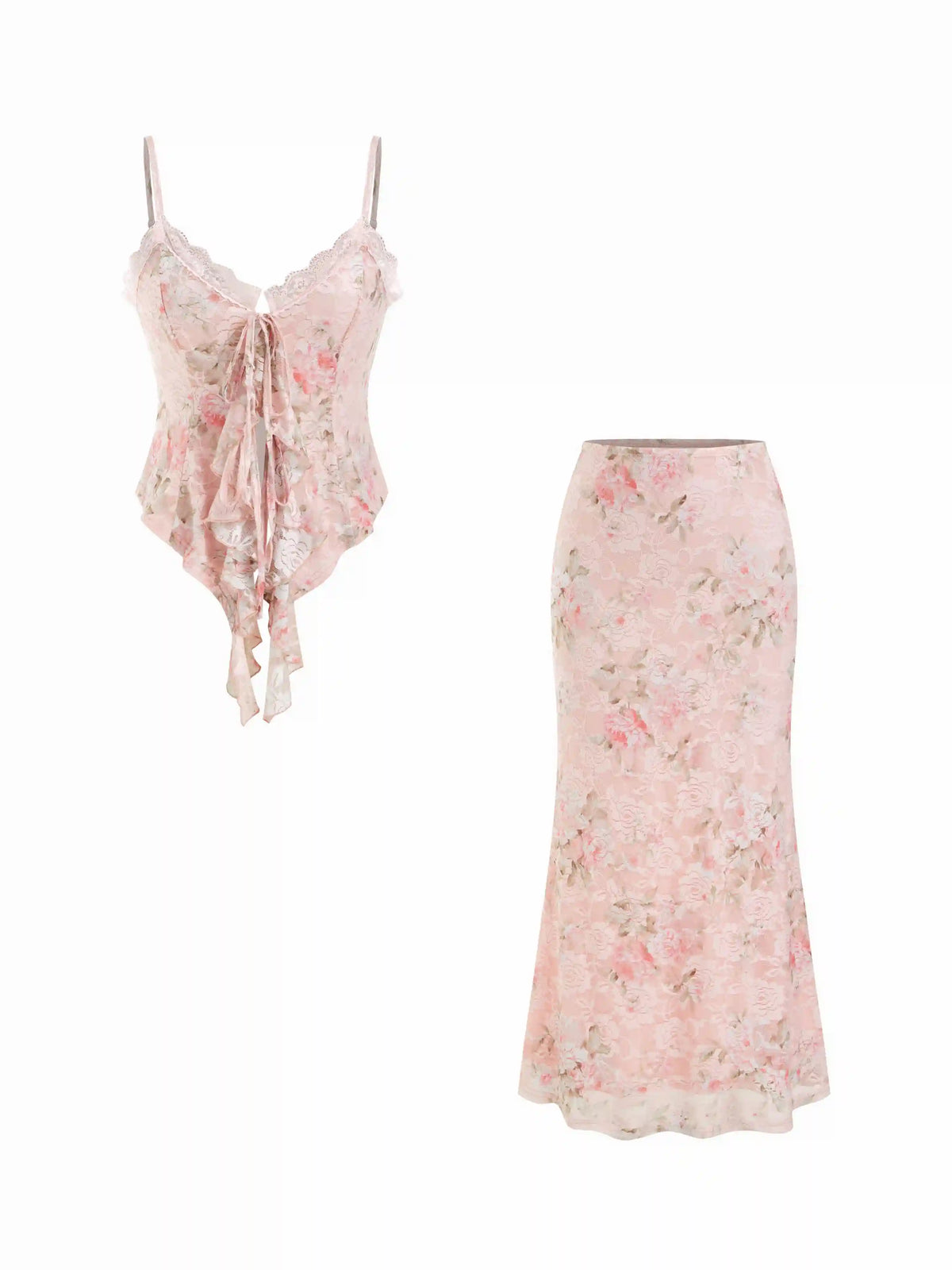 Floral Lace Trim Tie Front Cami Top & Mid Rise Bodycon Maxi Skirt Set