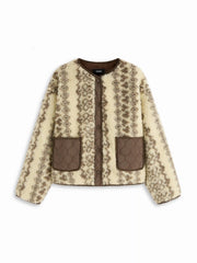 Fleece Pattern Two Tone Oversized Jacket With Quilted Patched Pocket