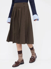 High Rise Striped Pleated Zipper Midi Skirt
