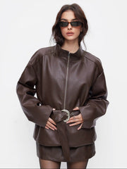 Faux Leather Stand Collar Zip Through Jacket With Belt