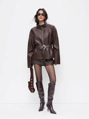 Faux Leather Stand Collar Zip Through Jacket With Belt