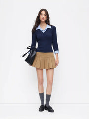 Cotton-blend Collar Striped Button Two Tone Cropped Top