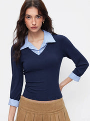 Cotton-blend Collar Striped Button Two Tone Cropped Top
