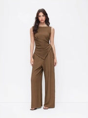 Texture Boat Neck Asymmetrical Hem Top & Mid Rise Straight Leg Trousers Set