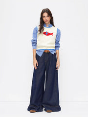 Knit Round Neckline Fish Graphic Contrasting Binding Knitted Vest