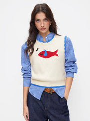 Knit Round Neckline Fish Graphic Contrasting Binding Knitted Vest