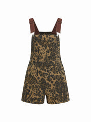 Denim Leopard Overalls With Adjustable Straps