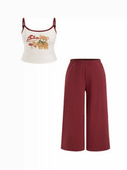 Mushroom & Bear Graphic Cotton-blend Cami Top & Mid Rise Wide Leg Trousers Loungewear Set Curve & Plus