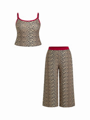 U-neckline Leopard Print Cami Top & Mid Rise Elastic Waist Wide Leg Trousers Loungewear Set Curve & Plus