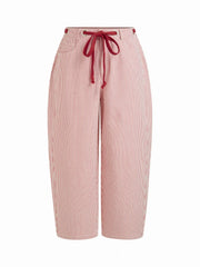 Cotton-blend Mid Rise Stripe Drawstring Barrel-leg Trousers Curve & Plus