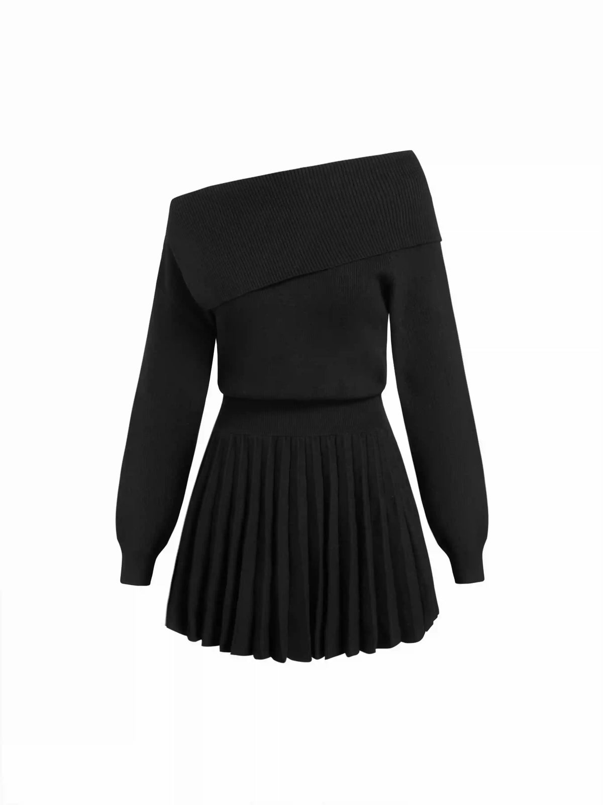 Knit Asymmetrical Neck Pleated Mini Dress