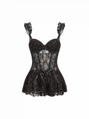 Mesh Mid Rise Cherry Lace Up Lingerie With Thong Set