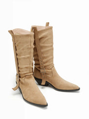 FAUX SUEDE BUCKLE POINTED TOE BOOTS
