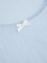 Pointelle U-neckline Bowknot Lace Tee