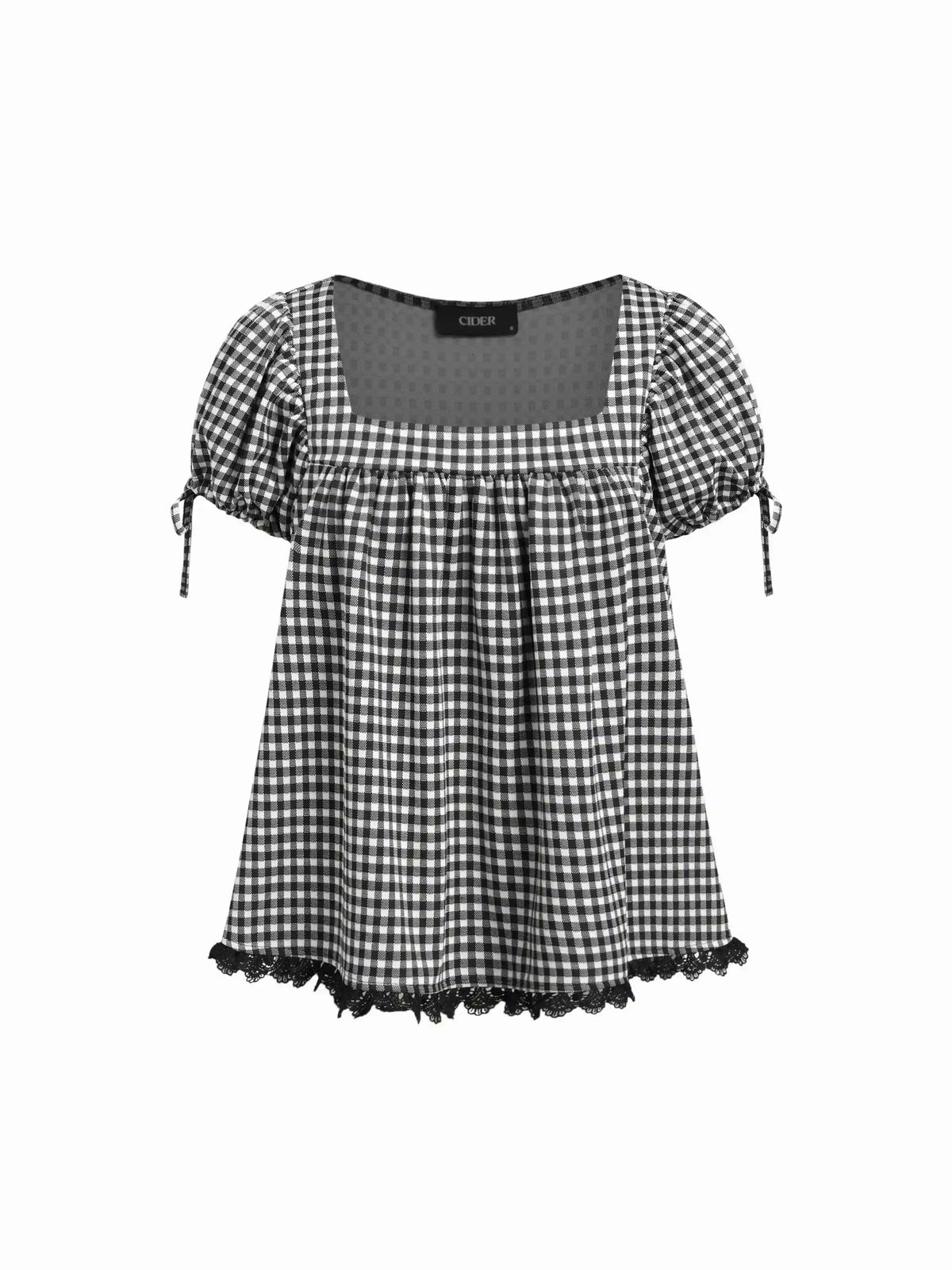 Square Neck Puff Sleeve Plaid Drawstring Blouse