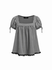 Square Neck Puff Sleeve Plaid Drawstring Blouse