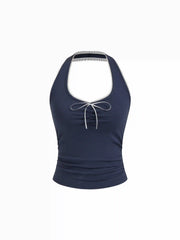 Cotton-blend Halter Neck Ruched Front Cami Top