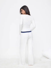 Cotton-blend Halter Neckline Two Tone Top & High Rise Straight Leg Trousers Loungewear Set