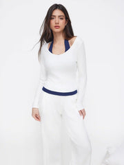 Cotton-blend Halter Neckline Two Tone Top & High Rise Straight Leg Trousers Loungewear Set