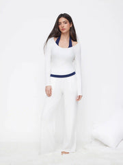 Cotton-blend Halter Neckline Two Tone Top & High Rise Straight Leg Trousers Loungewear Set